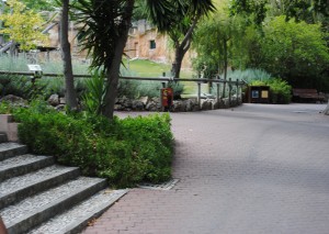 The route follows around to the left - interlocking brick paving