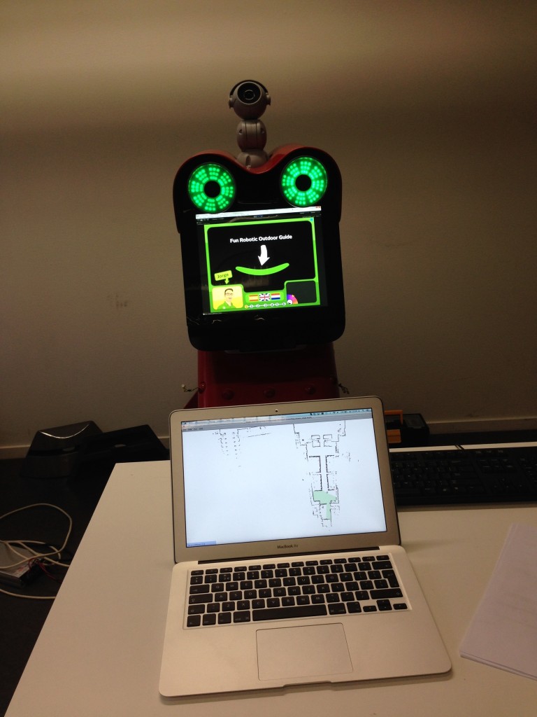 UPO simulator running on a laptop. The robot is showing its content relevant to the location that the simulator has reached.